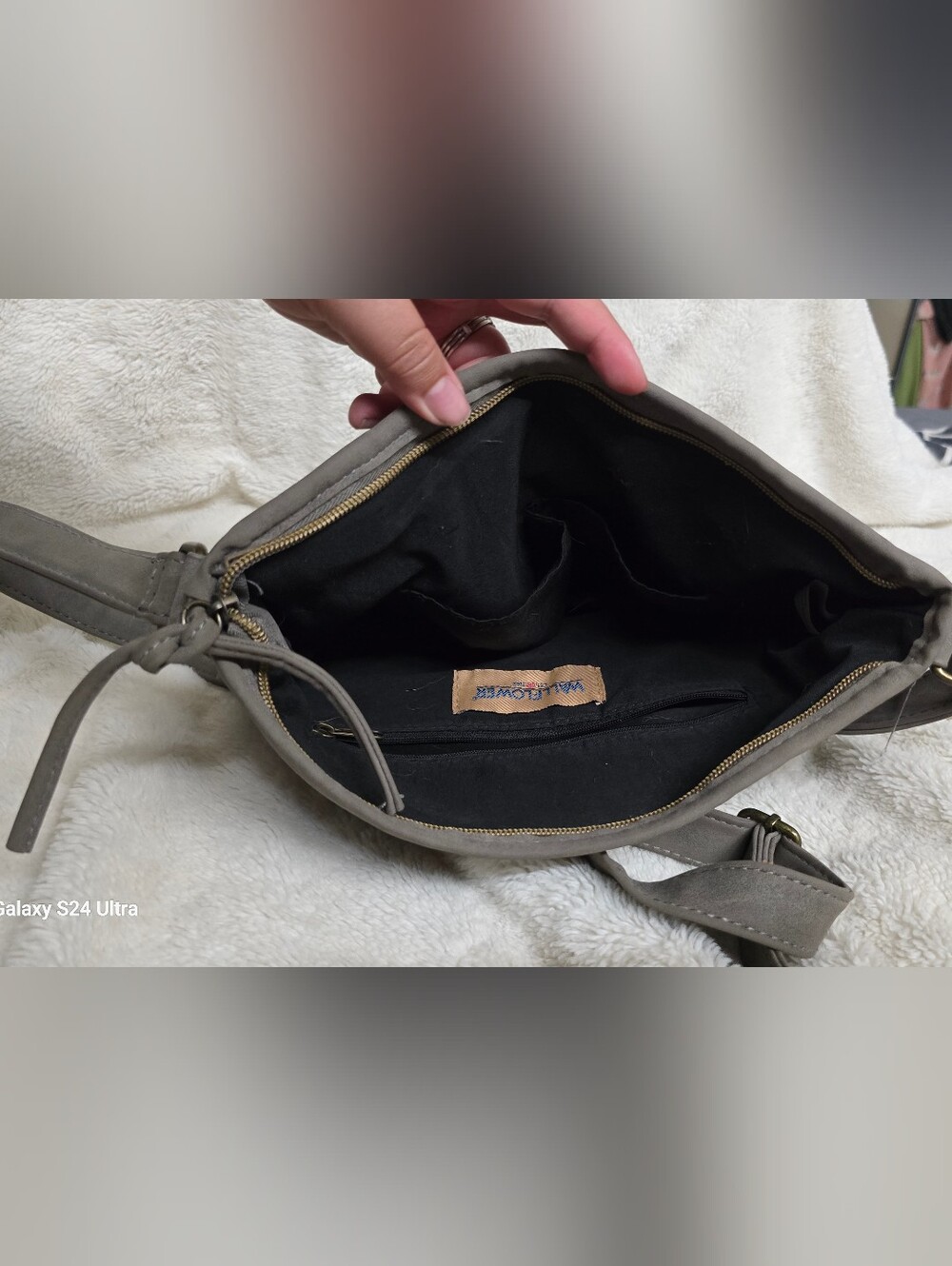 Wallflower Gray Suede Crossbody Shoulder Bag with Perforated Trim - Picture 3 of 4
